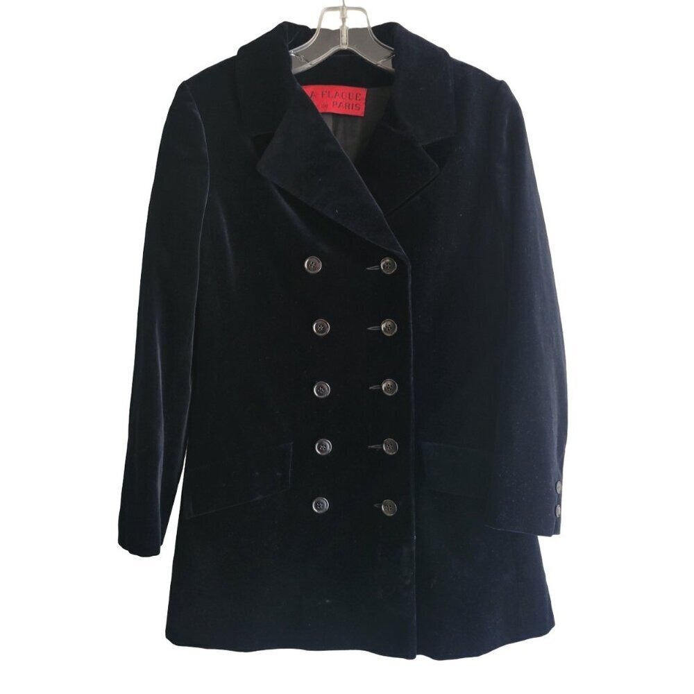 LA FLAQUE de PARIS Vintage Black Velvet Long Double Breasted Jacket - Picture 1 of 9